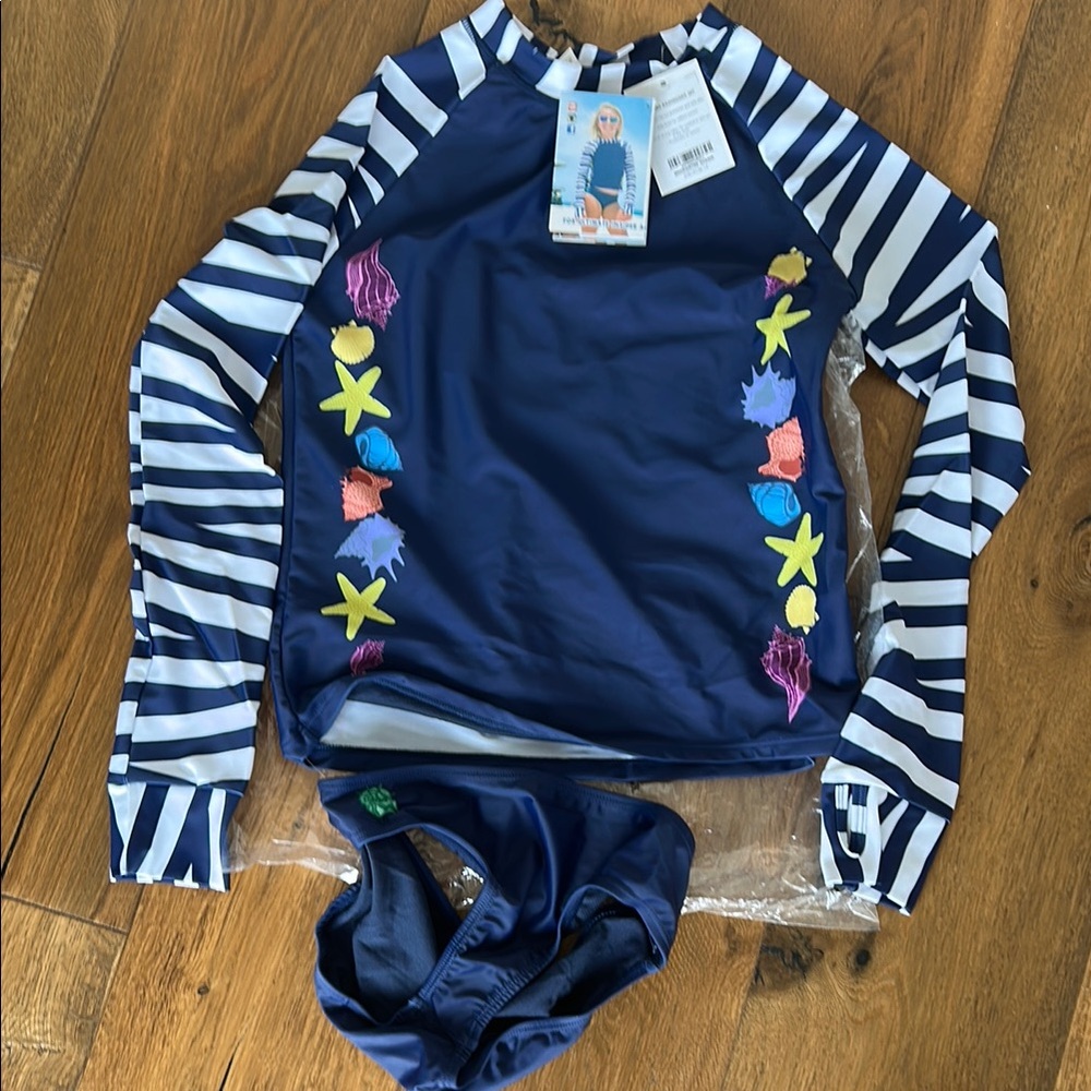 Limeapple Blue and White Rashguard Swim Top with Striped Sleeves